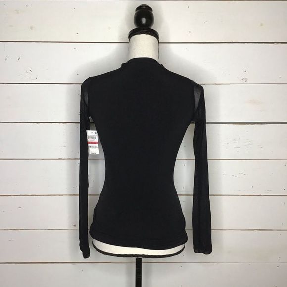 INC Deep Illusion Black Blouse V Neck Mesh Sleeve - Picture 3 of 8
